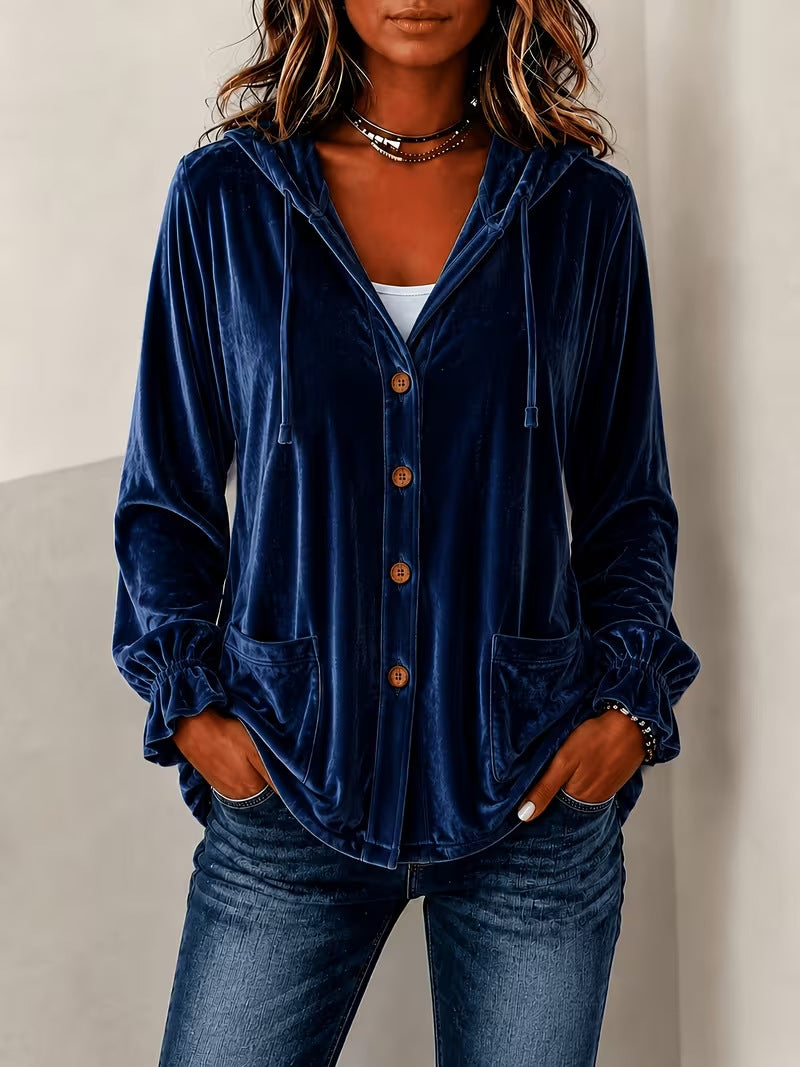 New Autumn Winter Fashion Button Velvet Hooded Cardigan, Solid Color Casual Cross-Border Women Outerwear