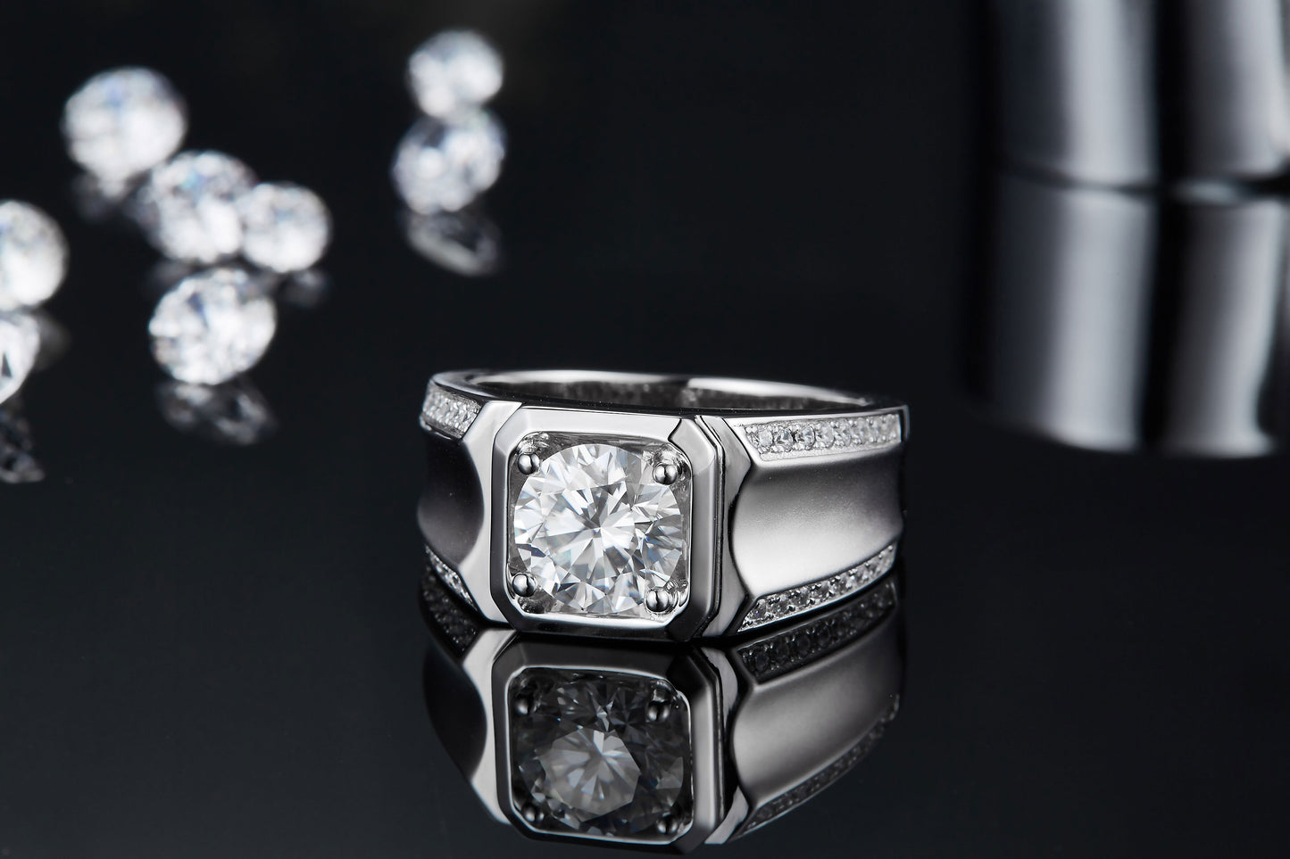 S925 Sterling Silver 2ct Moissanite Men's Ring, D-VVS1 Octagon Bezel, Matte Pave Band, US Sizes 5-9, GRA Certificate Gift Box