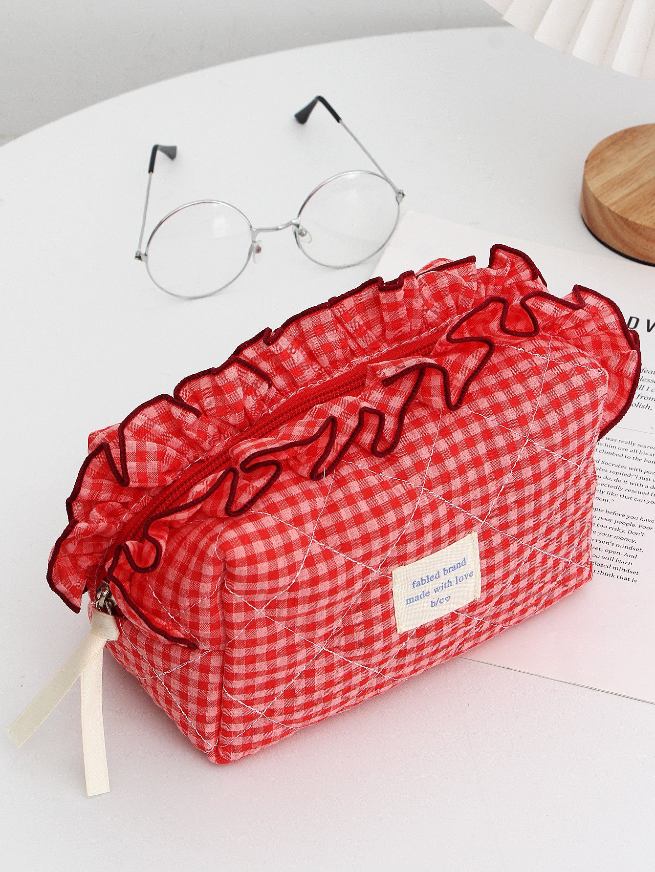 Red Plaid Makeup Bag Portable For Travel