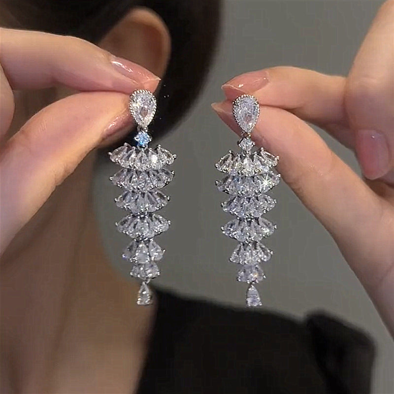 Delicate Fringe Earrings For Women S925 Silver Post CZ Tassel Exquisite Drop Jewelry Gift
