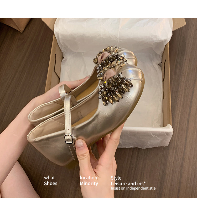 In Stock Women's Mary Jane Flats With Rhinestone Bows, 2026 New Spring Summer Gentle Evening Style Shallow Mouth Soft Sole Leather Shoes