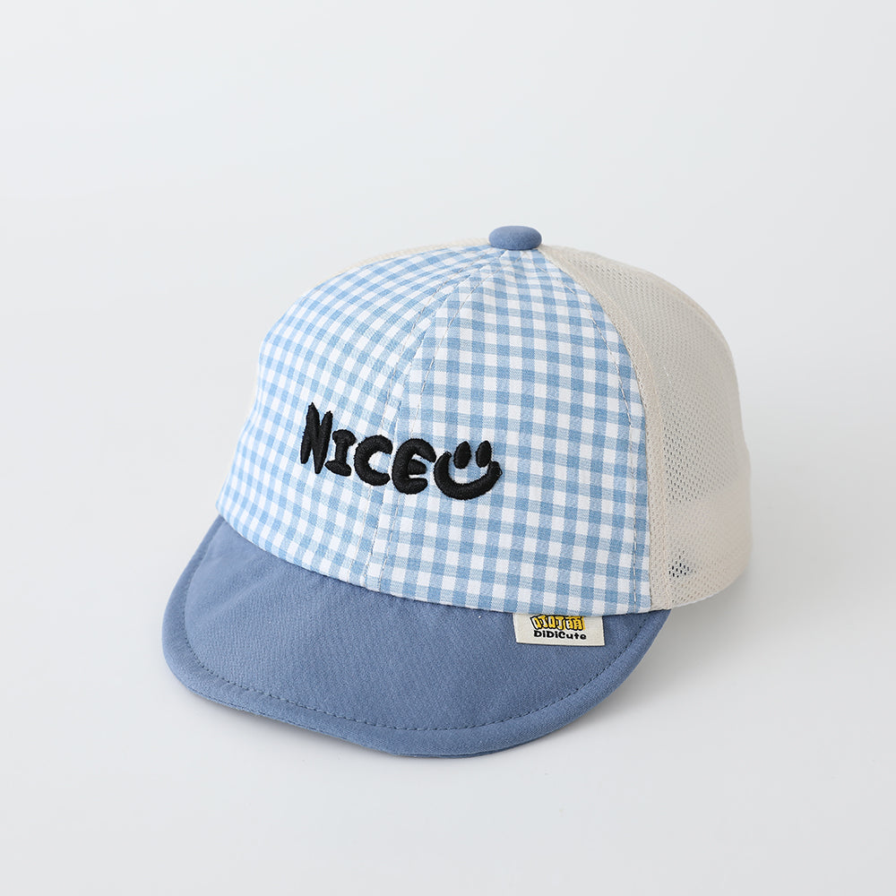 Summer Boys' And Girls' Check-pattern Embroidered Letter NICE Patchwork Baseball Cap Is Suitable For Babies For Outdoor Outings And Daily Play.
