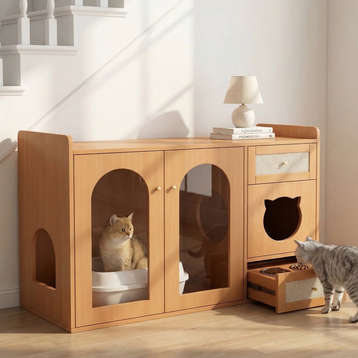 Multi-purpose Cat House & Litter Box Cabinet  Pet-friendly Side Cabinet With Food Bowls, Cat Rest Room, Storage Area  Without Litter Box & Cat Cushion , Walnut Colours, 120x45x83 Cm
