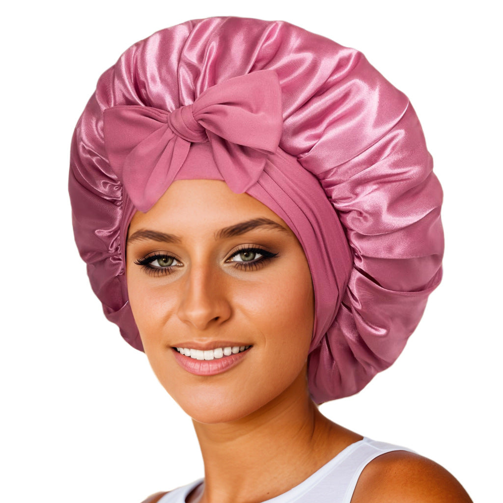 Double-layer Satin Ribbon Round Cap Bow Artificial Silk Beauty Hair Care Wide-brimmed Hat