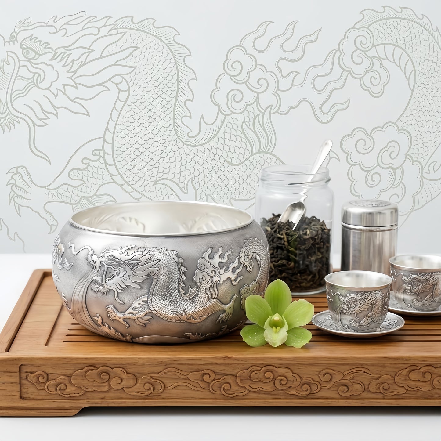Pure 999 Fine Silver Artisanal  Dragon Bowl: Handcrafted Traditional Asian Motif with Intricate Cloud and Flame Details-Premium Tea Wash - Handicraft