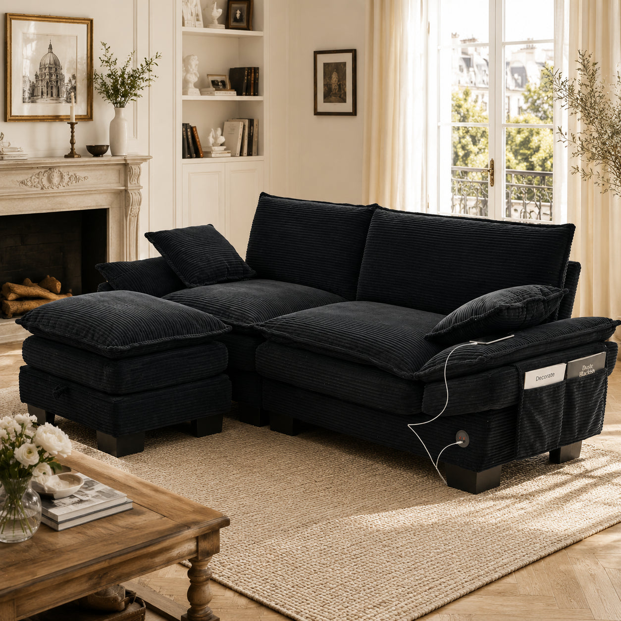 Modular 2-seater Corduroy Sofa  With Stool  Wide Seat, Ergonomic Design, High-density Foam Padding, USB-C Port And Side Pockets. Ideal For Living Room, Office Or Lounge. Black
