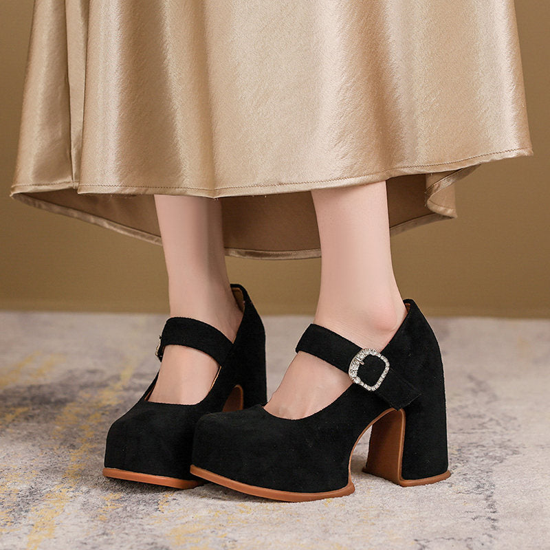 Women's Korean Style One Strap High Heels, Rhinestone Platform Block Heel Low-Cut Mary Jane Sandals