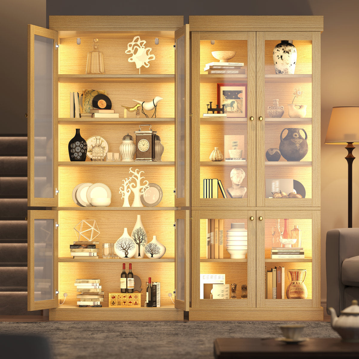 Modern Freestanding Cabinet With Integrated LED Mood Lighting, Glass Display Case, Well-designed Interior Layout And Anti-tip Protection Stable, Safe And Versatile For The Home Natural Brown.