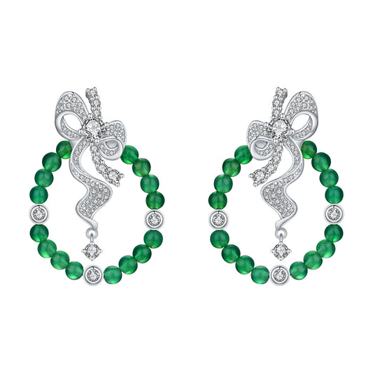 S925 Sterling Silver Bow Hoop Earrings, Round Green Chrysoprase Beaded Dangle Earrings, Platinum Plated 6.4g Elegant Jewelry Gift For Women With Box