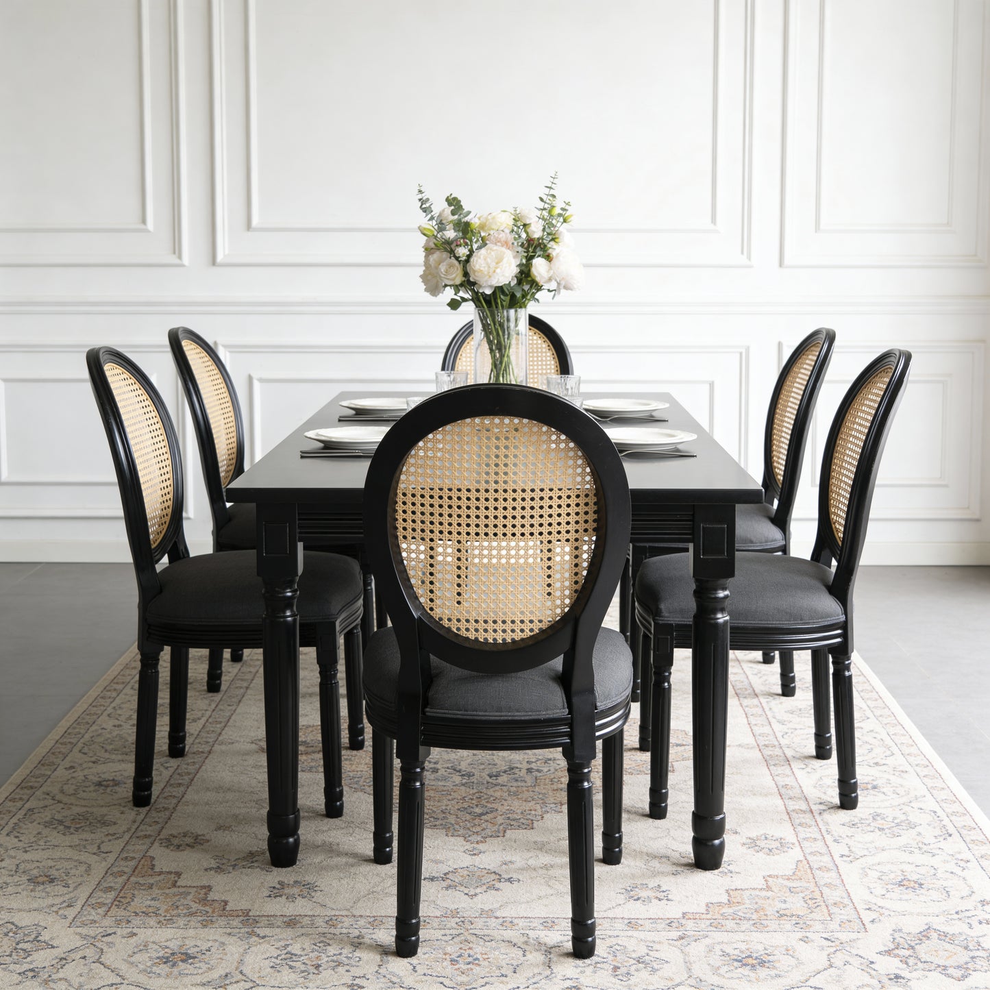 French Country Dining Chairs Set Of 2, Upholstered Chairs With Rattan Round Back, For Living Room, Kitchen , Restaurant Use, Black Solid Wood  Frame, Dark Grey Fabric