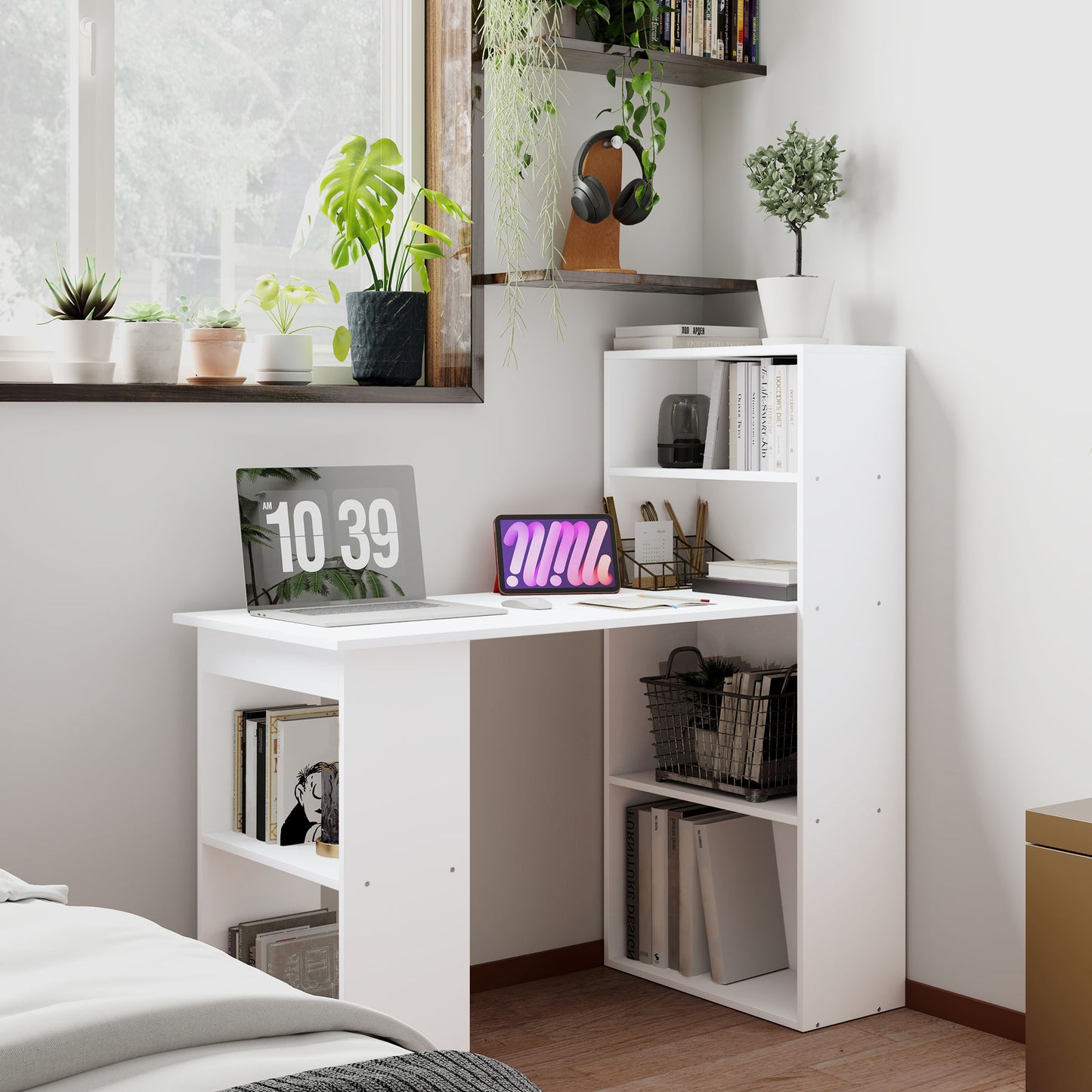 120cm Computer Desk, Wooden PC Laptop Table With 6-Tier Storage Bookshelves, Home Office Working Study Desk, Writing Workstation, White