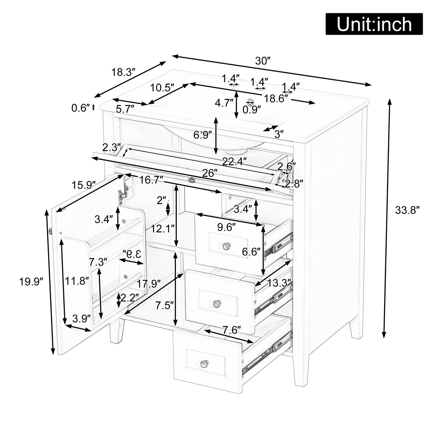 30-Inch Gray Blue Bathroom Vanity With Sink, Modern MDF And Rubberwood Cabinet With 3 Drawers And Adjustable Shelf, Freestanding Vanity For Bathroom Storage And Organization Left Door