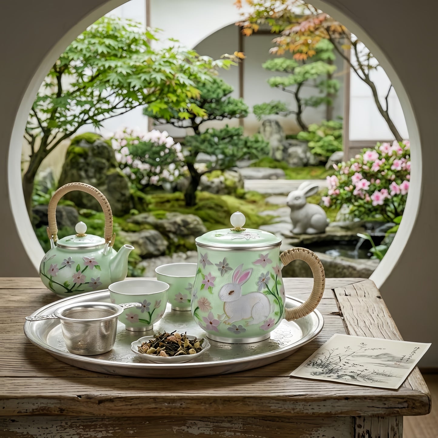 Pure 999 Fine Silver Enchanted Bunny Floral Mug with Woven Handle-Premium Indigo Tea Mug - Handicraft