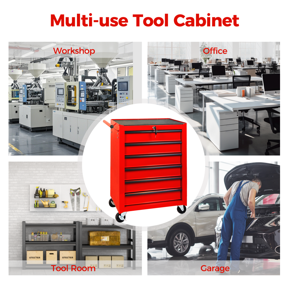 Rolling Metal Tool Chest With 6 Drawers, 20inch 6-Drawer Tool Chest Cabinet With Ball Bearing Drawer Slides, Steel Tool Storage Box Organizer -RED