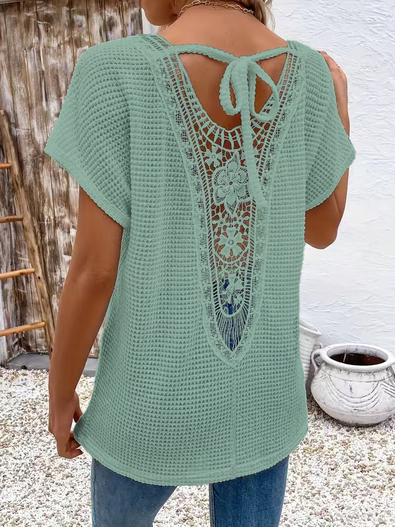 Womens Lace-Panel V-Neck Fashion T-Shirt