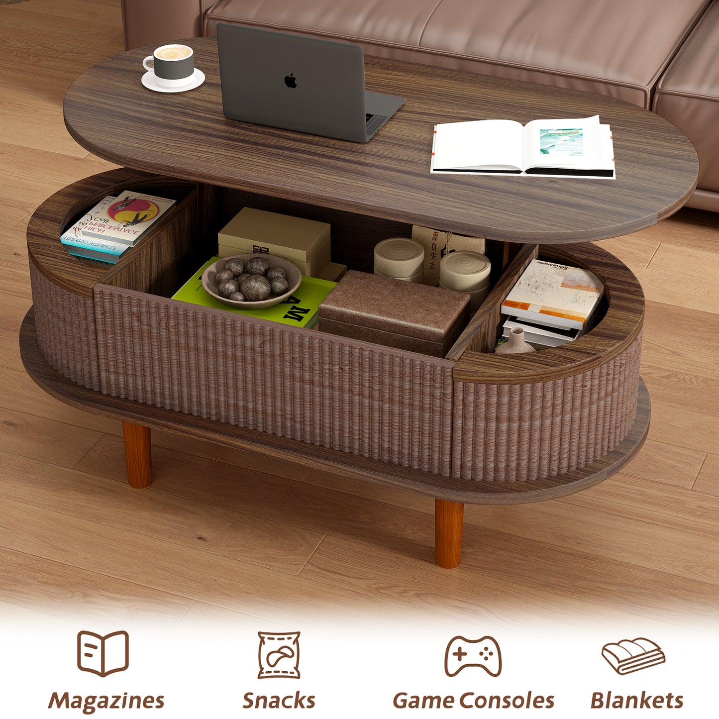 Fluted Lift Top Coffee Table With Hidden Compartment, Wooden Center Table, Modern Oval Lift Tabletop For Home Living Room Office, Walnut Color