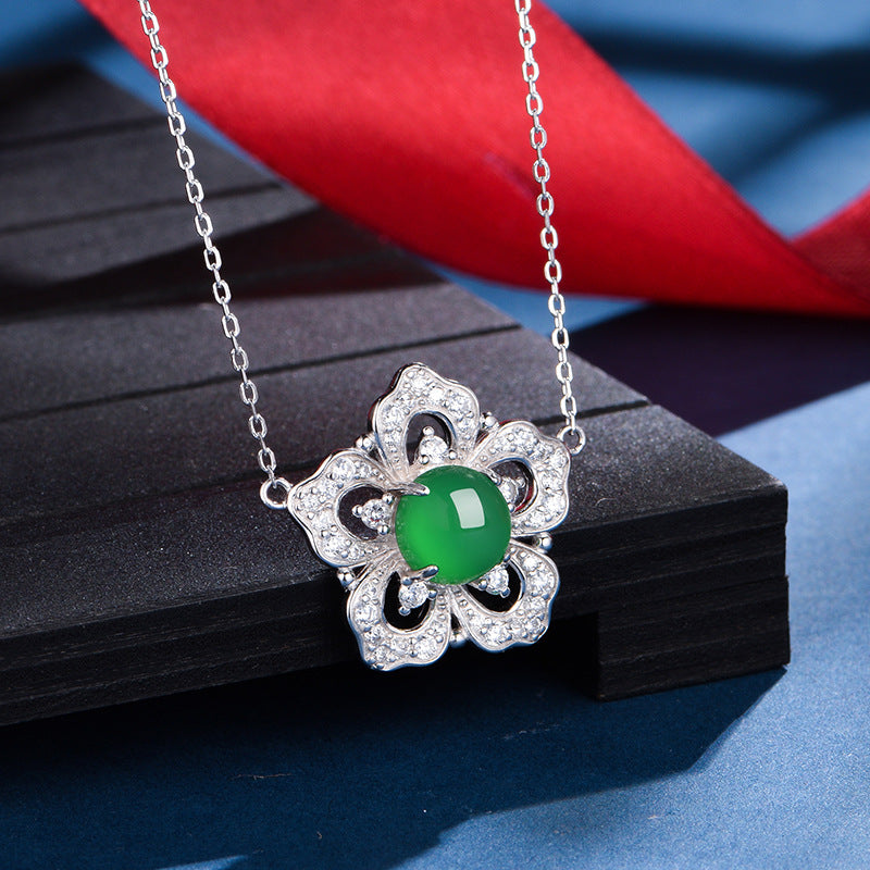 S925 Sterling Silver Flower Clover Necklace, 8mm Round Green Chrysoprase Pendant, Platinum Plated 45cm Chain, 4.5g Elegant Women's Jewelry Gift Set