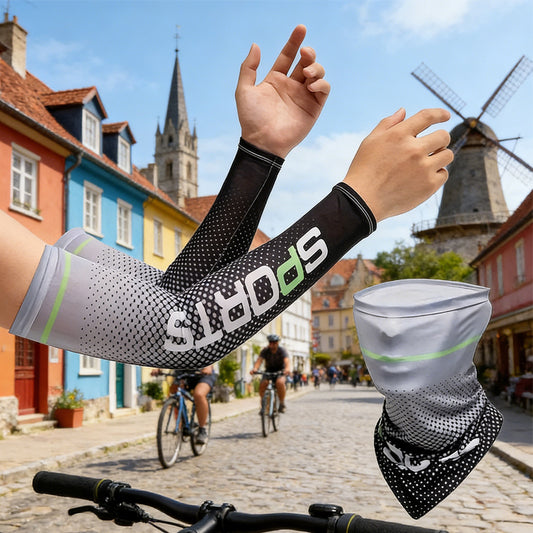 UV Resistant Ice Silk Cooling Set - 1 Pair Arm Sleeves 1 Face Mask Scarf,  Sun Protection For Running, Cycling, Outdoor Sports