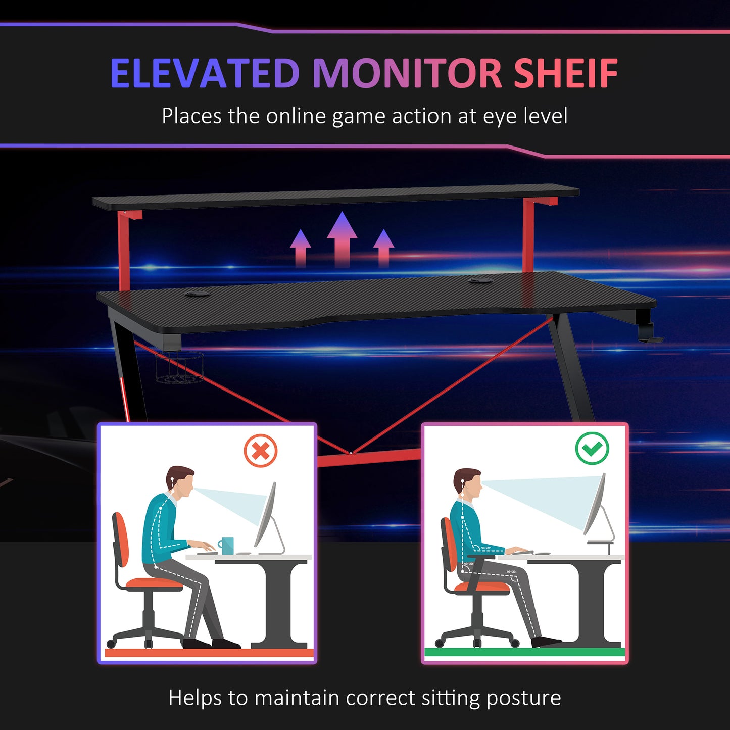 47 Inch Gaming Desk Racing Computer Desk Home Office Workstation with Elevated Monitor Shelf Rotatable Cup Holder Headphone Hook, Black