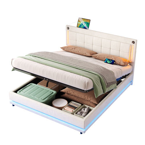 4ft6 Double LED Hydraulic Bed With Charging Station, Adjustable Square Tufted Headboard With Intelligent Control Light, Soft Velvet Bed Frame With USB And Type - C Ports, Beige