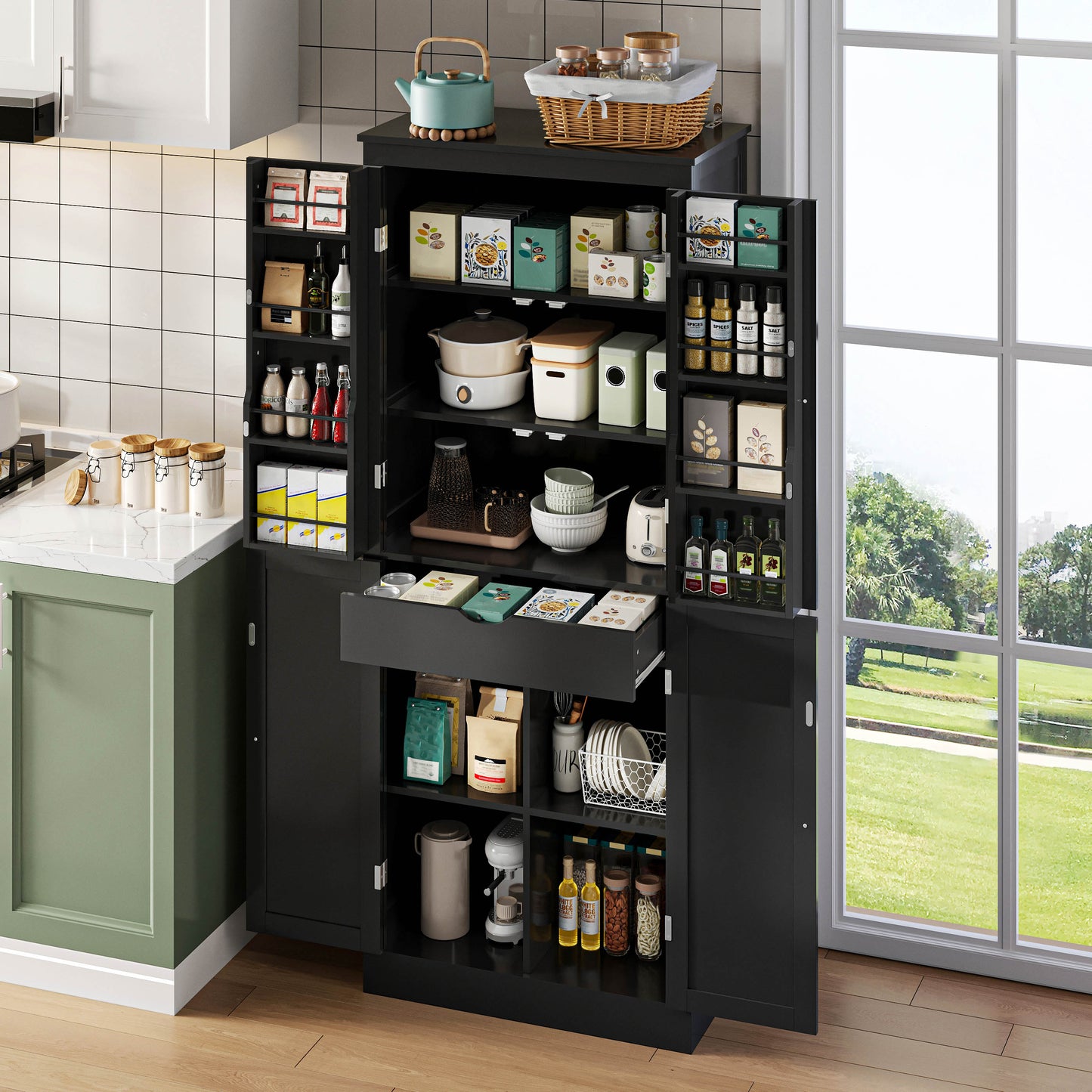 Kitchen Cabinet, Multifunctional Tall Cabinet, Sideboard With Two Shelf Doors, Storage Compartments And Internal Drawer, 182 X40 X75, Suitable For Kitchen, Dining Room And Living Room.