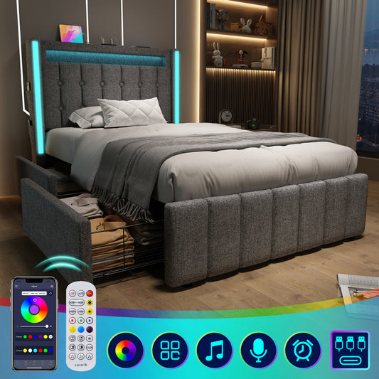Upholstered Bed USB Type C Charging Function LED Lighting And 2 Drawers, Youth Beds 90x200cm Single Bed Storage Beds Bed Frame, Wooden Slatted Base, Grey  Without Mattress