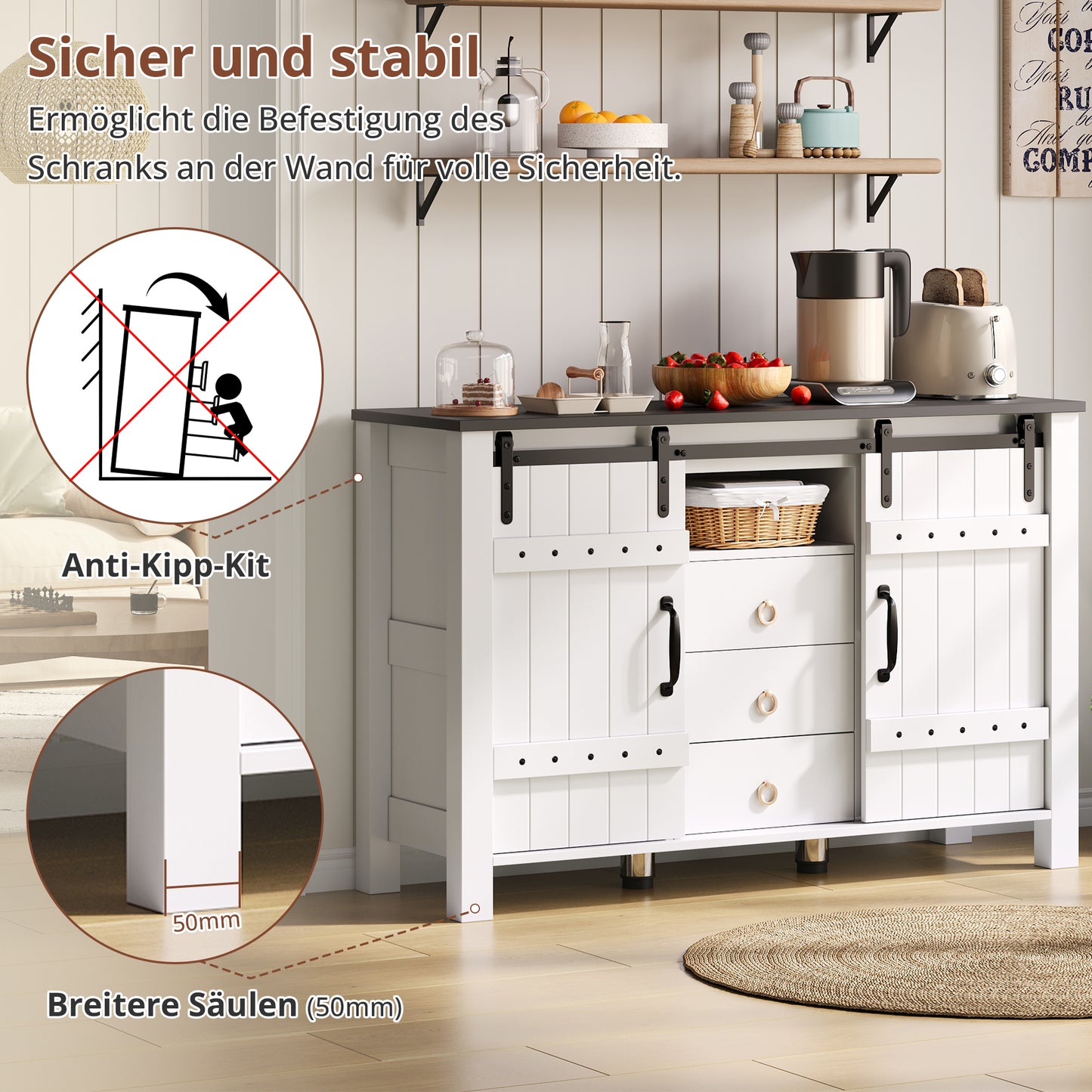 Buffet Cabinet With Storage, 120 Cm Wide Side Cabinet With Sliding Doors And 3 Drawers, Rustic Wooden Coffee Bar Buffet Table, Suitable For Kitchen, Dining Room And Living Room, White
