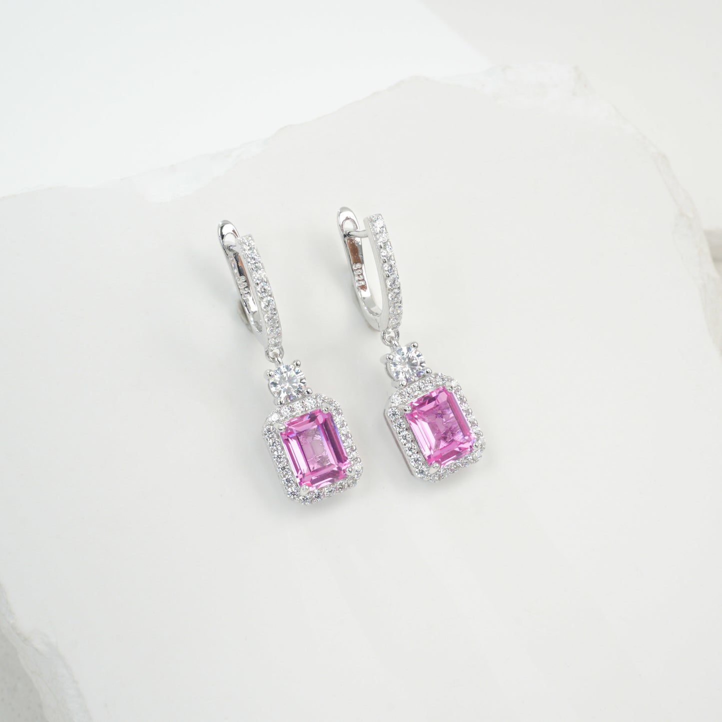 S925 Sterling Silver Lab-Grown Emerald Cut Drop Earrings, 6x8mm 6ct Ruby Sapphire Emerald, Platinum Plated 5.2g Women's Jewelry Gift Box