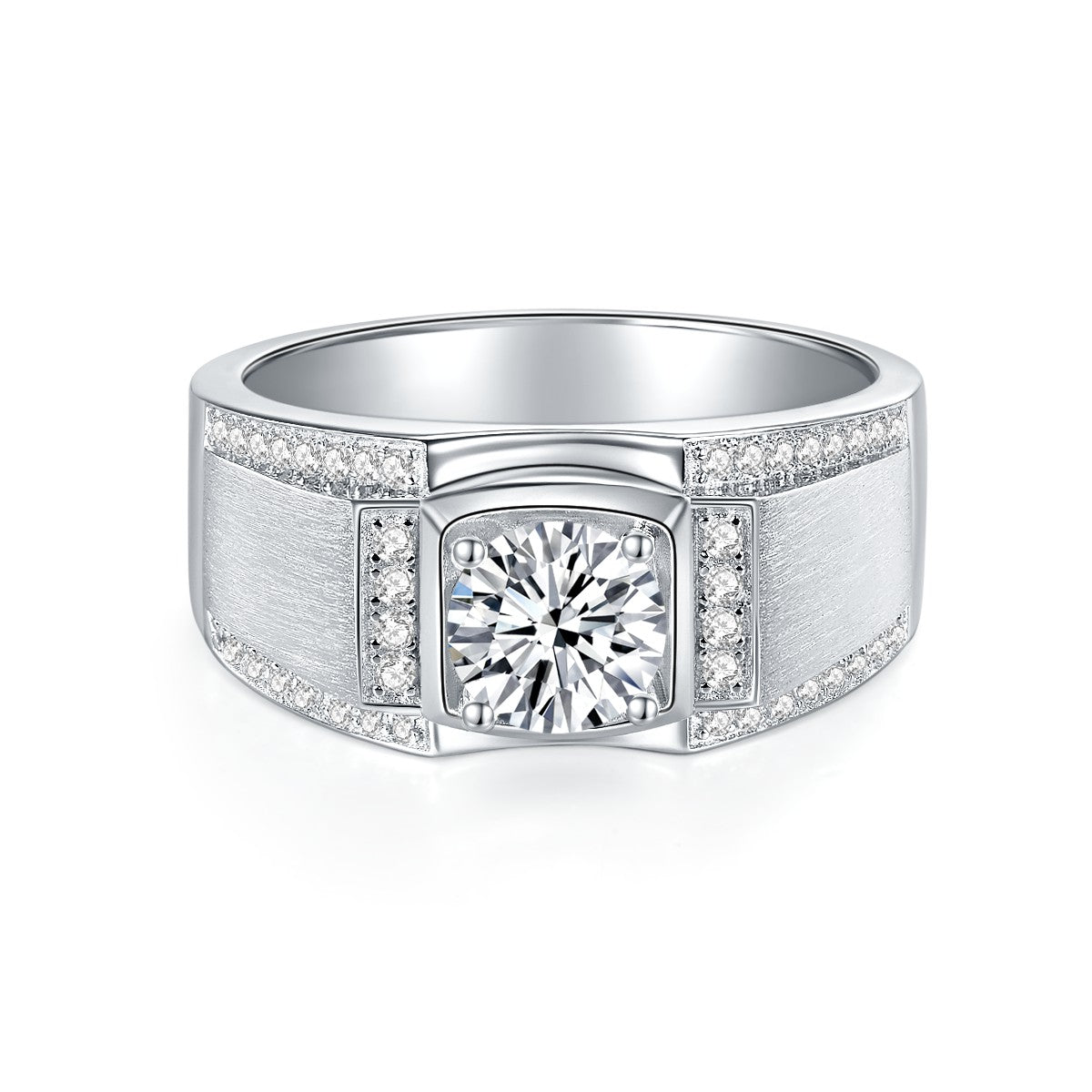 S925 Sterling Silver Men's Wide Band Moissanite Ring, 1&2ct D-VVS1 Brushed Finish With Pave Accents, Platinum Plated US Sizes 5-9, GRA Certificate Gift Box