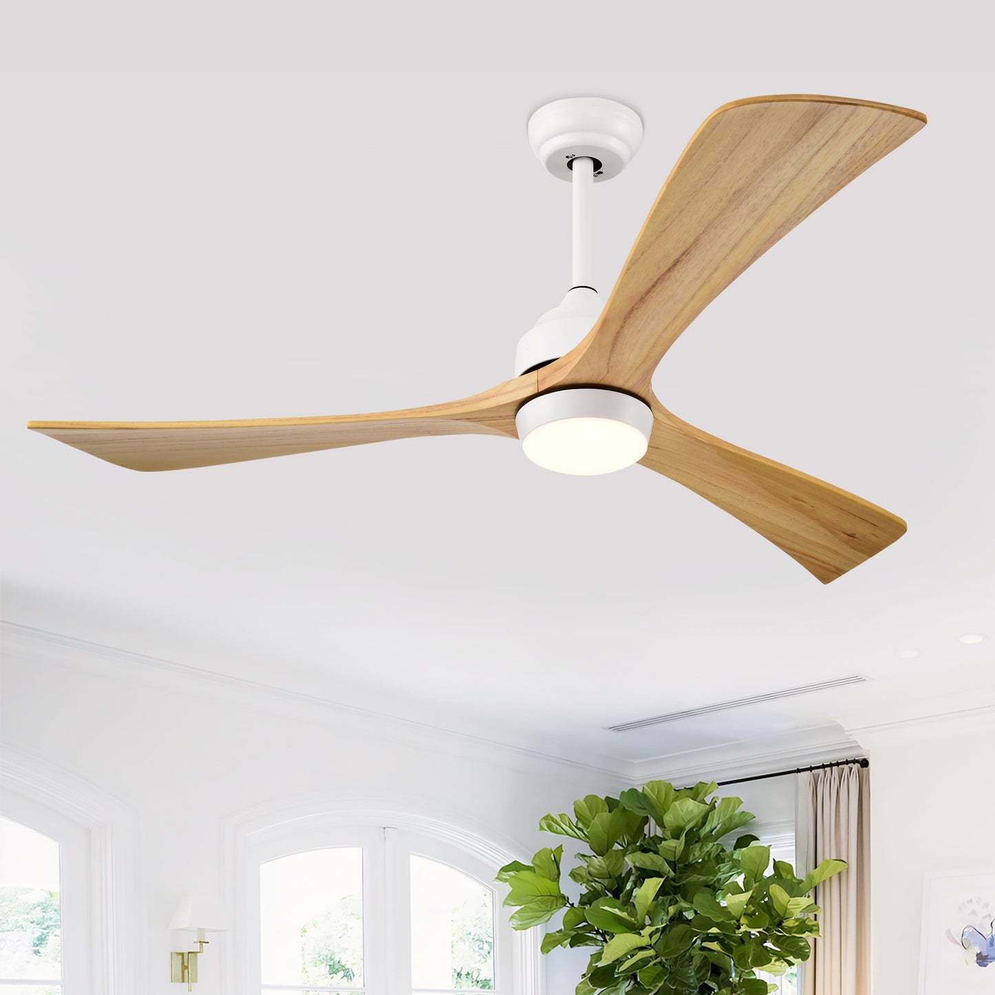 52  Solid Wood Blades Ceiling Fan With Lights Remote Control,Quiet DC Motor 3 Blade Ceiling Fans 6 Speed Levels,Reversible Ceiling Fan, For Patio Living Room, Bedroom, Office,Indoor. White  Natural