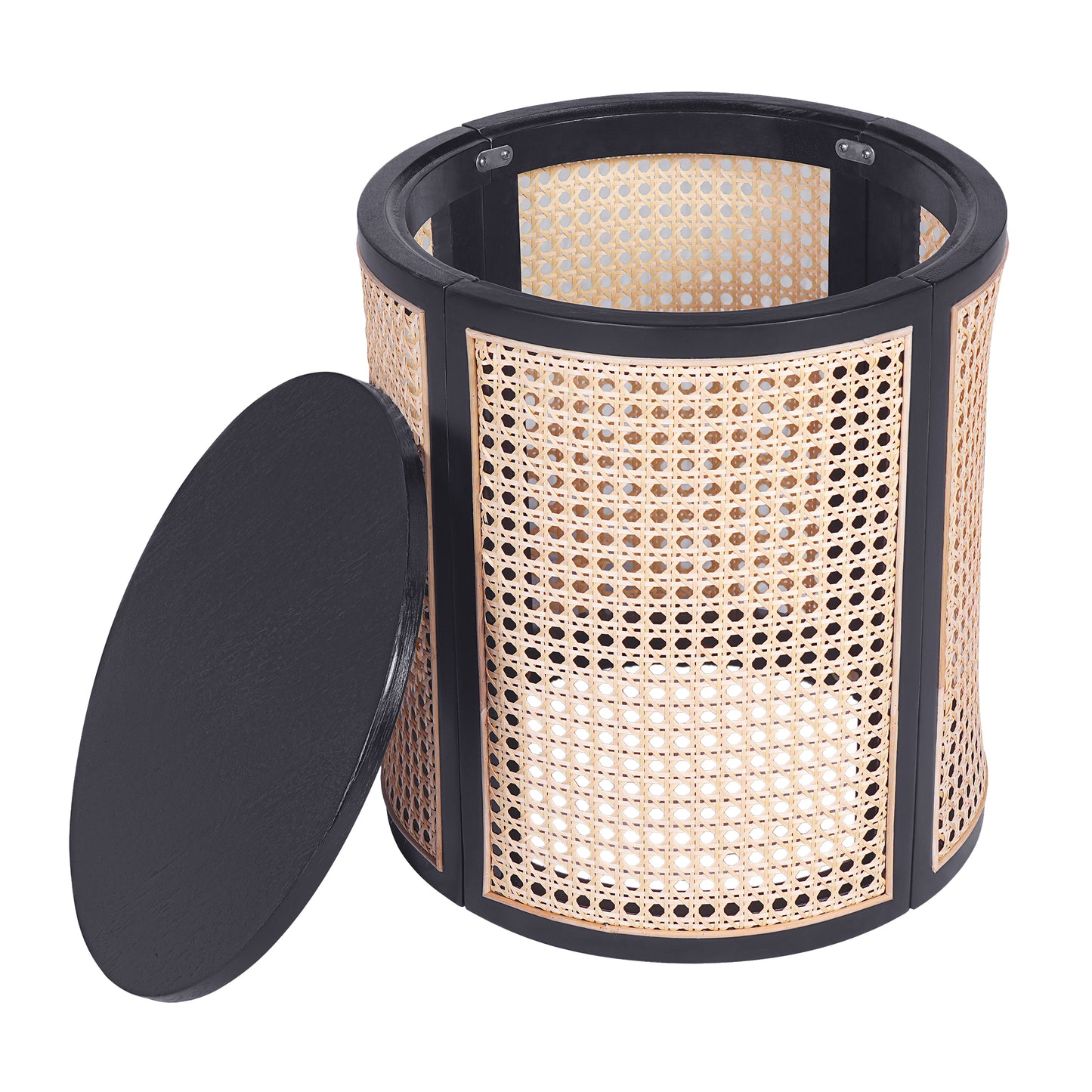 15.70  Round End Table, Hollow Woven Side Table, Small Rubber Wood Nightstand, Rattan Woven Tea Desk, Round Wood Tabletop, Chic Home Decor Desk, Easy Assembly, Black Color
