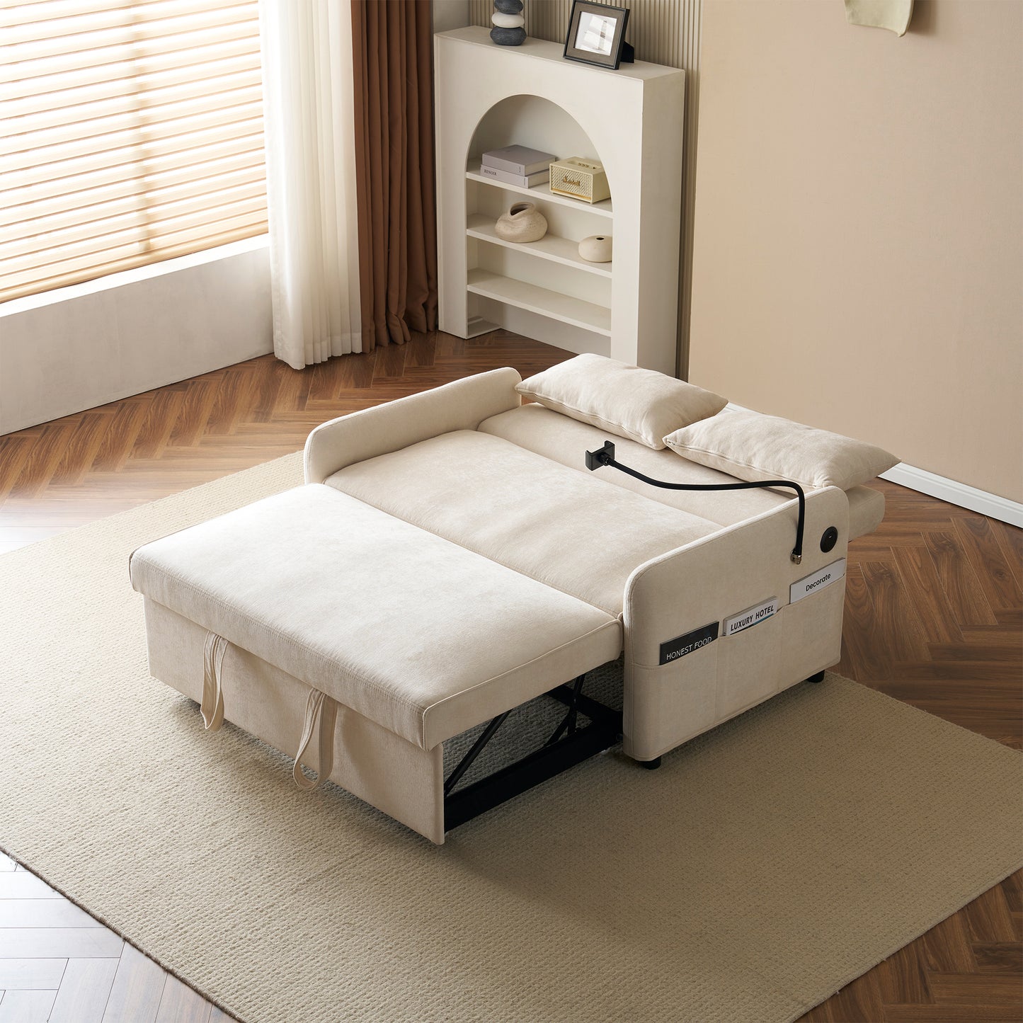 Modern 2 Seater Sofa Bed, 3 In 1 Convertible Design With Adjustable Backrest, Phone Holder, USB Ports And Side Pockets, Pull Out Chenille Sofa Bed For Living Room, Guest Room And Office,Beige