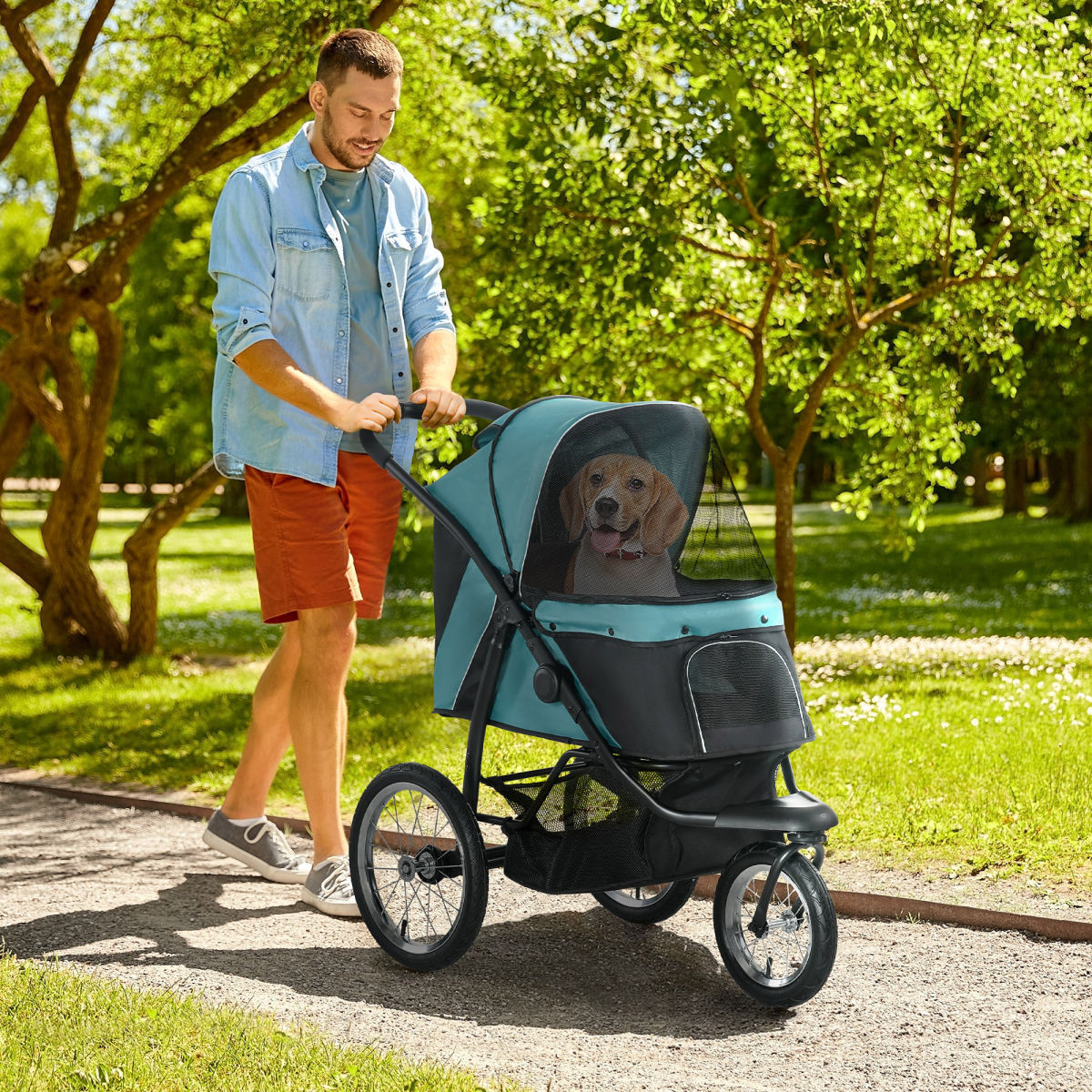 3 Wheels Pet Stroller for Small Dogs and Medium Dogs with Adjustable Canopy, Safety Tether, Storage Basket, Dark Green
