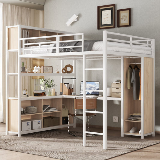 Iron Bed, Bunk Bed, Double-storey Storage Space Under The Desk, Upper Bed With Storage Space, With Wardrobe, Iron  Chipboard, White Natural, 140x200cm