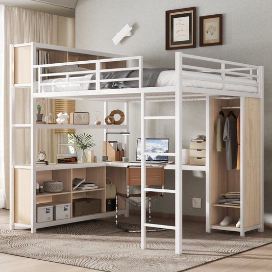 Iron Bed, Bunk Bed, Double-storey Storage Space Under The Desk, Upper Bed With Storage Space, With Wardrobe, Iron  Chipboard, White Natural, 140x200cm