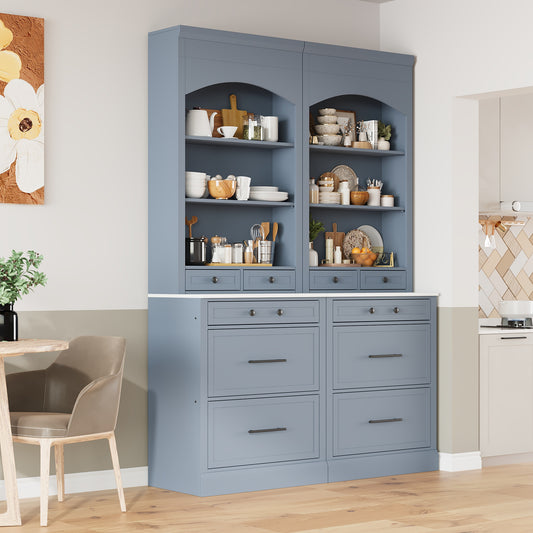 TOPMAx Modern 83.7inch High Kitchen Pantry  Freestanding Tall Kitchen Hutch With Faux Marble Top  Cupboard Cabinet With 5 Storage Drawers And Adjustable Shelf  Set Of 2  Gray
