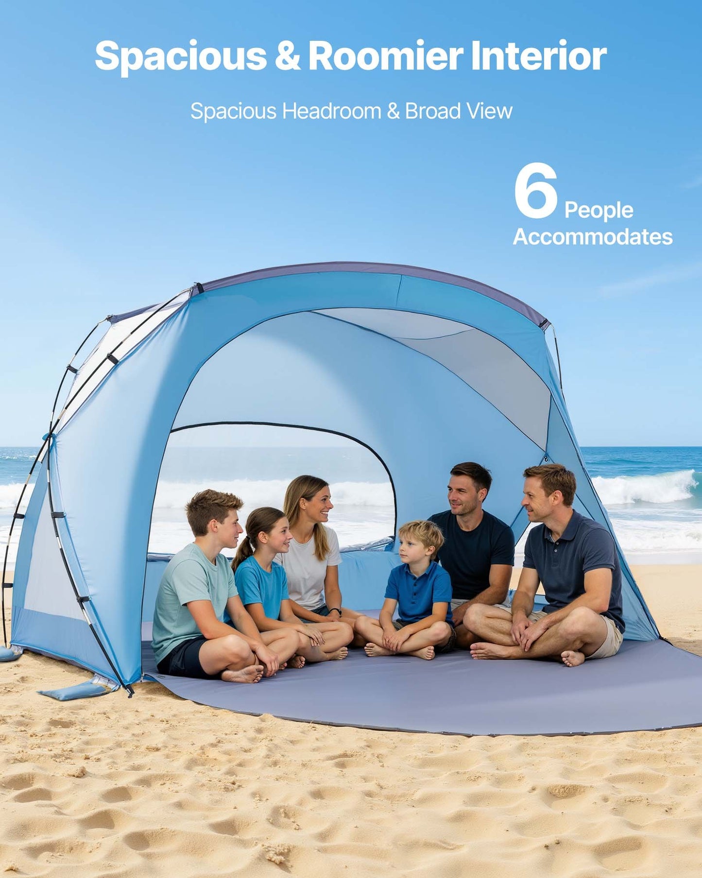 Beach Tent Sun Shelter For 6 Person, UPF 50+ Protection, Portable Sun Shade Canopy With Carrying Bag & Sand Pockets, Lightweight And Easy Setup Beach Umbrella For Family Camping Outdoor Picnic