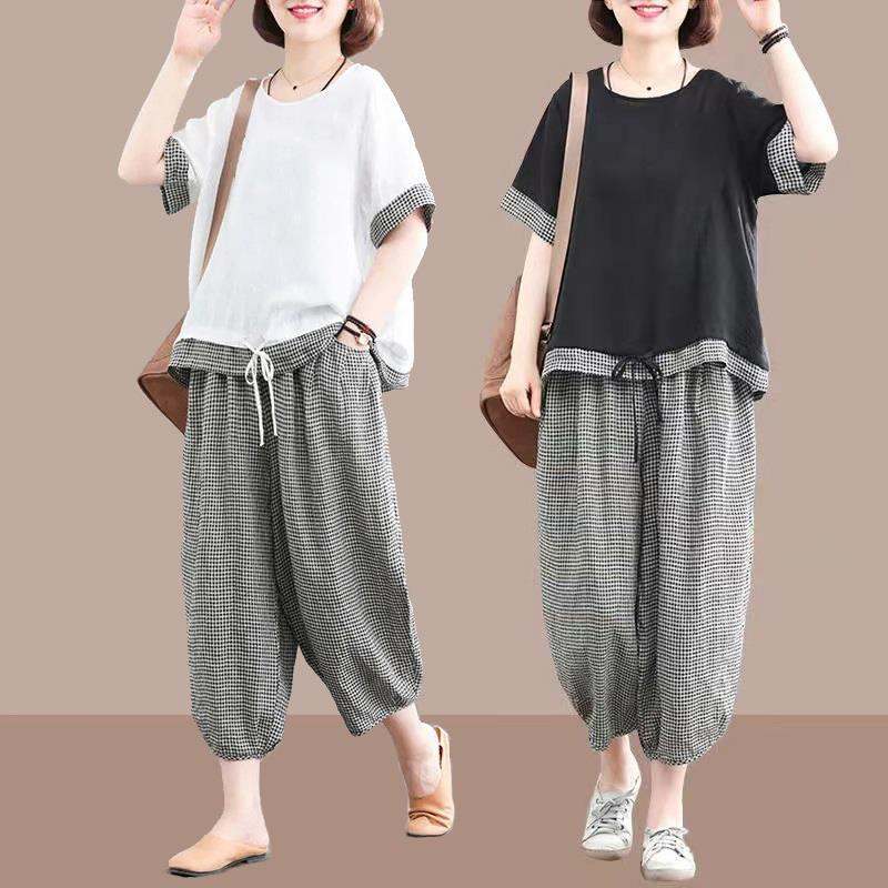 Korean-style Loose-fit Printed Short-sleeve Pants Set