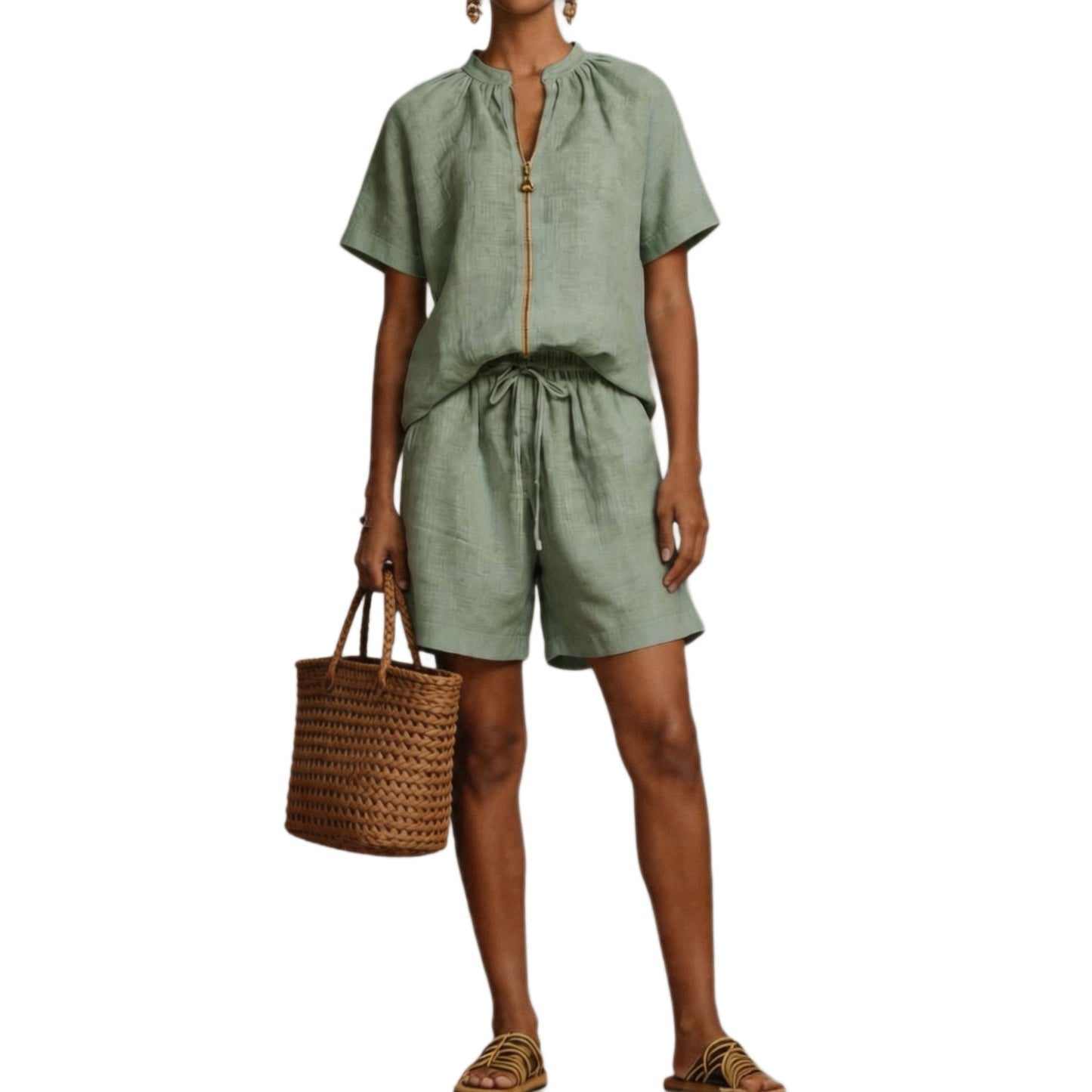 Summer New Solid-color Cotton-linen Short-sleeve Shorts Set