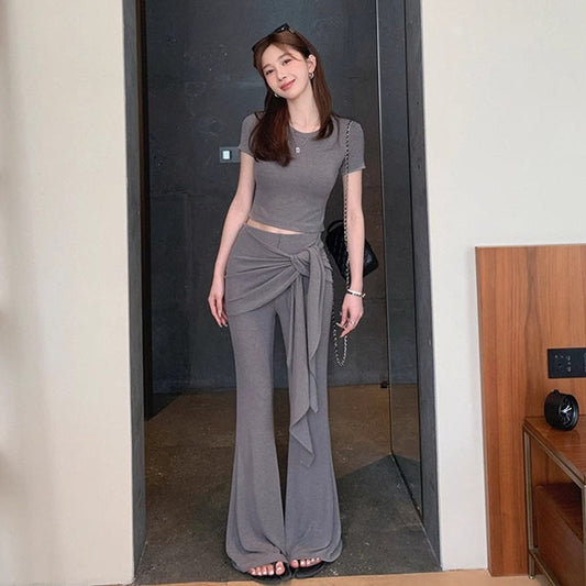 Womens Summer American-Style Short T-Shirt Mock Two-Piece Lace-Up Flare Pants Ultra-Stretch Yoga Two-Piece Set
