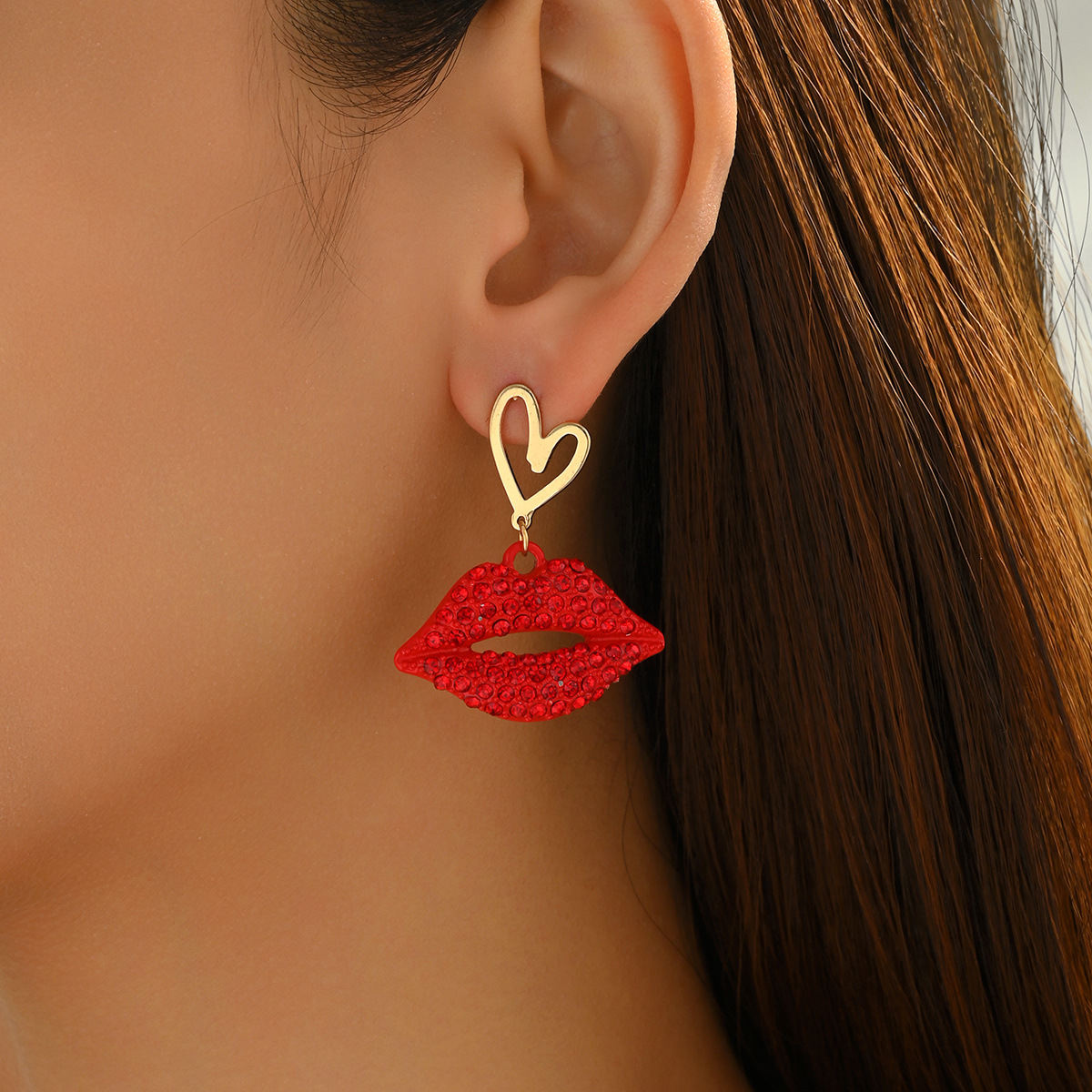 Cross-border European American New Arrival Women Jewelry, Unique Diamond Inlaid Heart & Lip Design Drop Earrings, Versatile High Sense Ear Accessories For Ladies