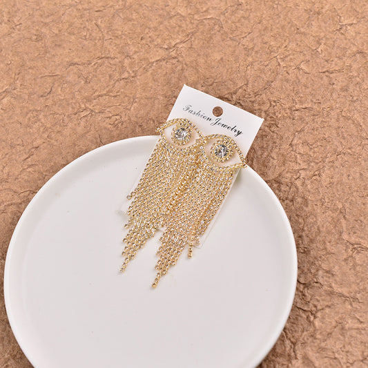 Korean-style Full-diamond Long Tassel Earrings With Round Diamonds