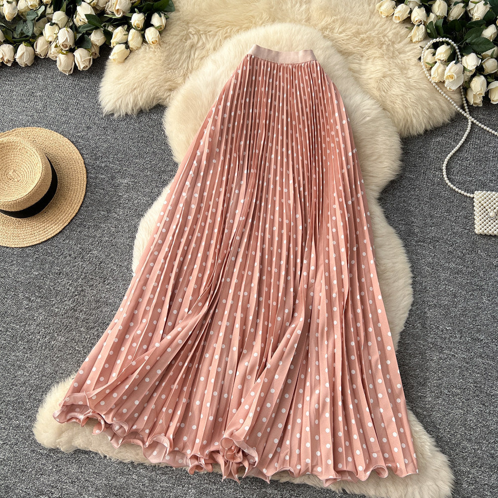 Korean-style Mid-length Polka-dot Pleated Skirt Elegant Midi Skirt