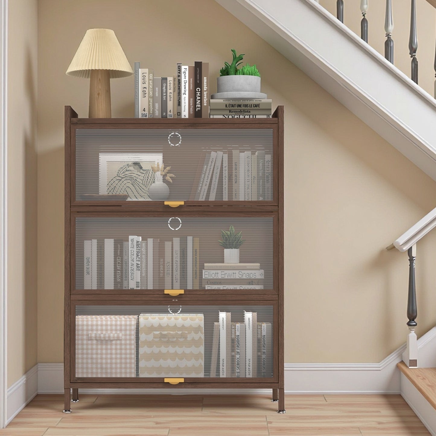 44 Tall Metal 3 Flip Doors Cabinet,  With Ample Storage Space For Bedroom, Office, Living Room, Hallway, Entryway Walnut