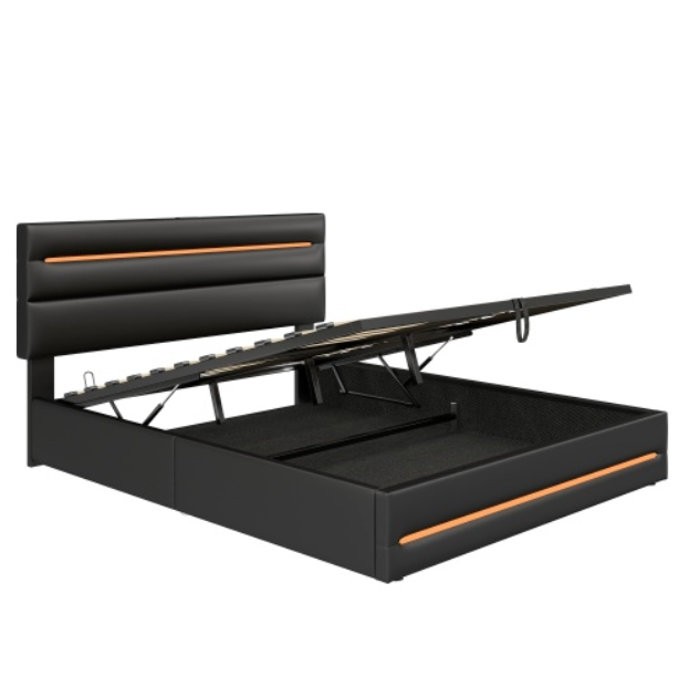 5ft King Upholstered Bed Frame With Hydraulic Storage, PU Ottoman Bed With LED Lighting And Charging Station, LED Adjustable Headboard With USB And Type - C Ports, Black
