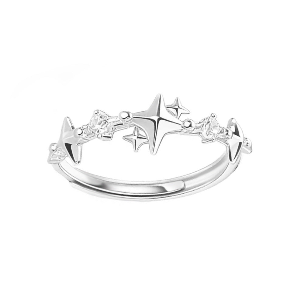 S999 Fine Silver Four-pointed Star Zircon Ring Korean Style Women Jewelry