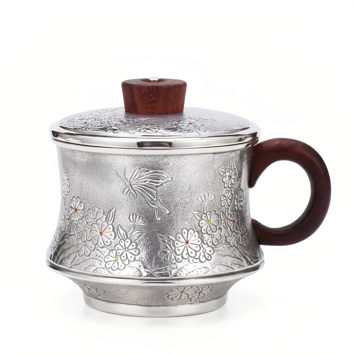 925 Sterling Silver Artisan Silver Butterfly and Floral Embossed Tea Mug with Wooden Accents - Handicraft