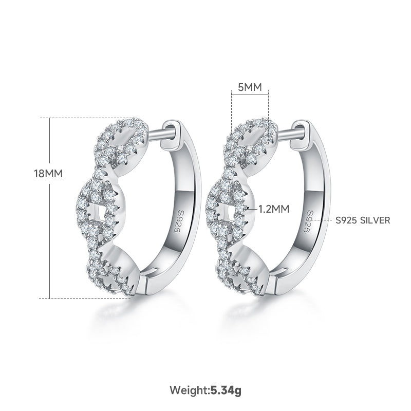 6g 18mm S925 Sterling Silver Twisted Chain Link Hoop Earrings  Moissanite Pave Huggie Hoops With GRA Certificate, Platinum Plated Jewelry Gift Box Set For Women