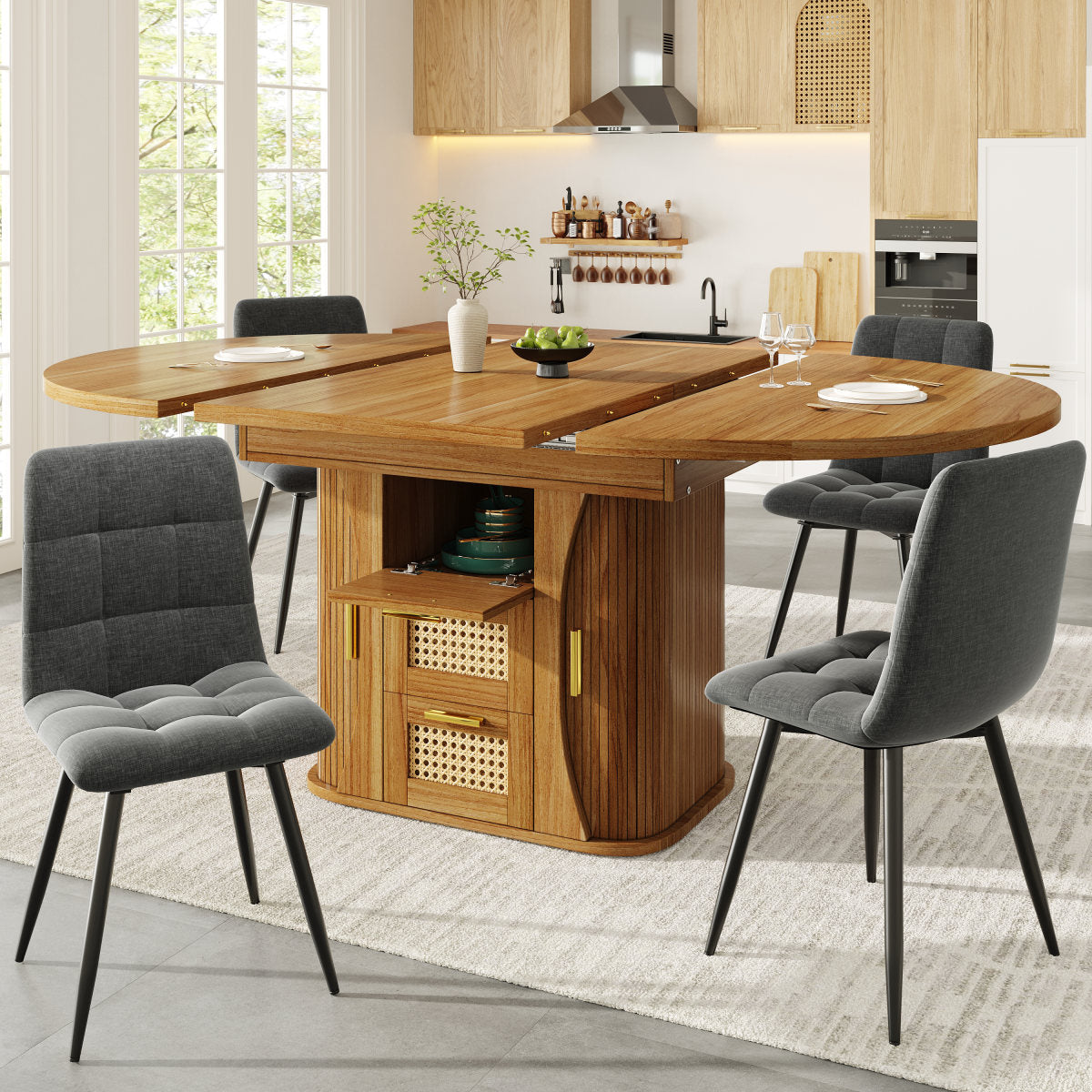 Extendable Dining Table With Storage, 118-158cm Table With Rattan Drawers, MDF Wood Look, Black  Natural Wood  Brown
