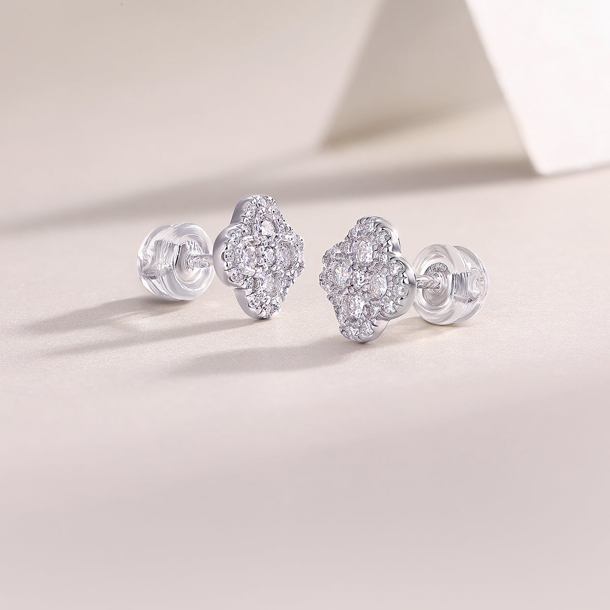 S925 Sterling Silver Clover Stud Earrings, D-VVS1 Moissanite Pave, Platinum Plated 1.2g Women's Jewelry Gift Box